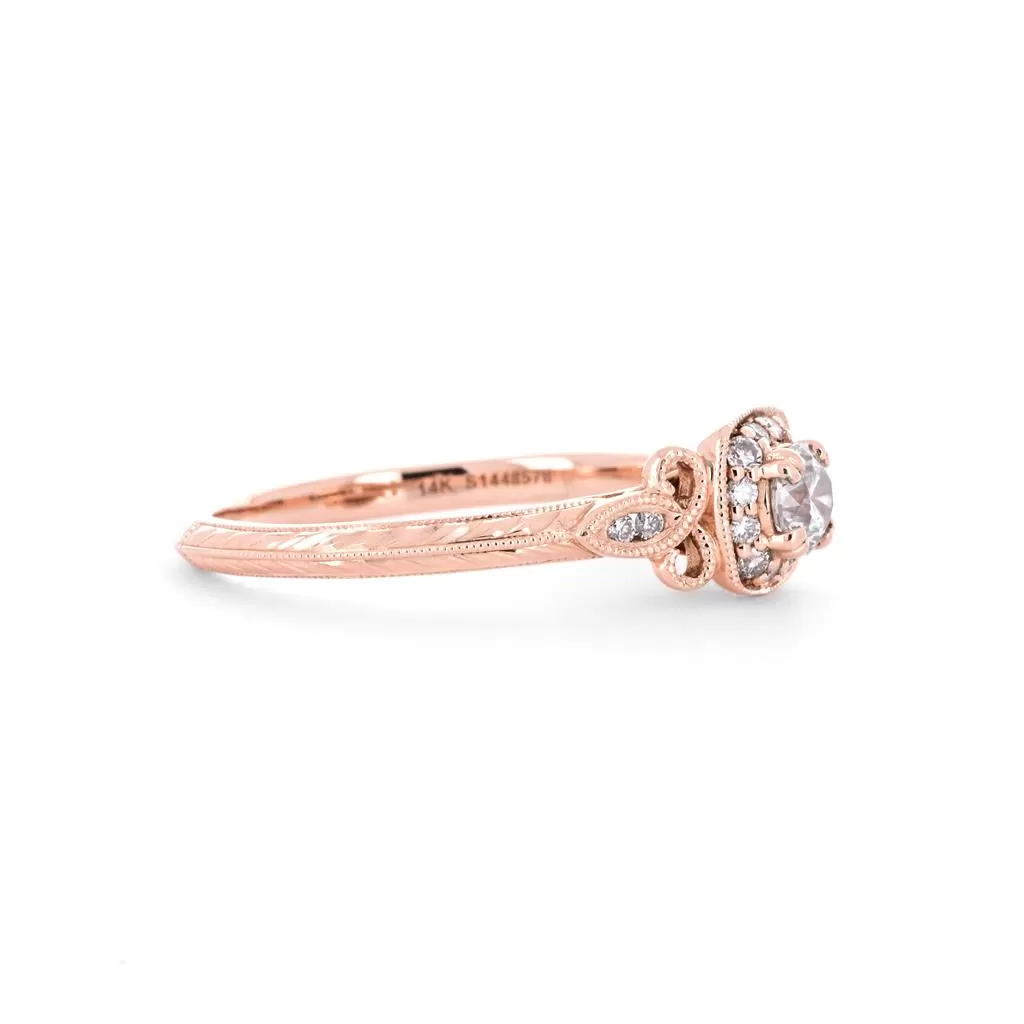 0.37ctw Round Diamond Engagement Ring, Halo, Side Accents - 14K Rose Gold