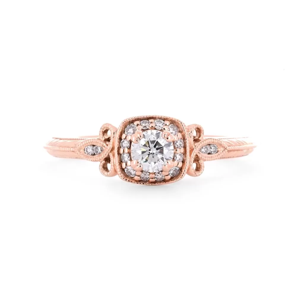 0.37ctw Round Diamond Engagement Ring, Halo, Side Accents - 14K Rose Gold