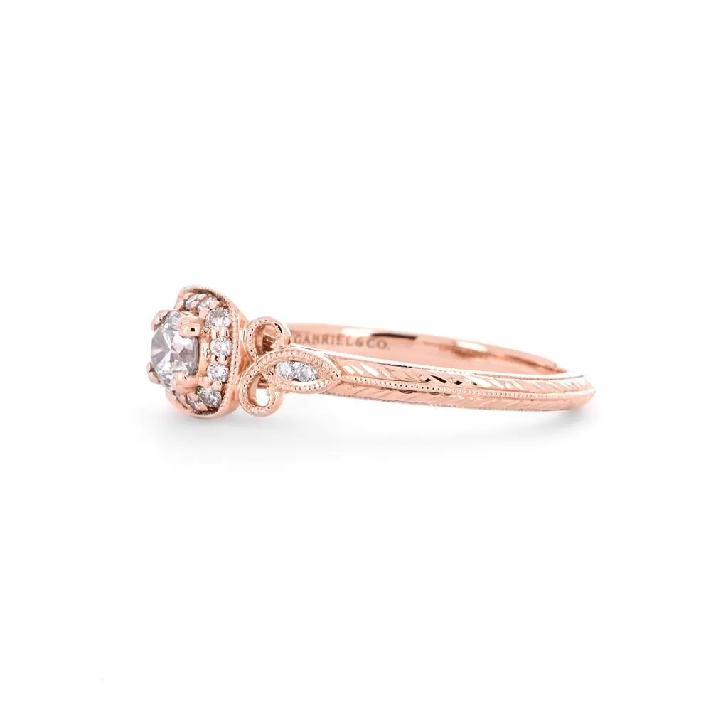 0.37ctw Round Diamond Engagement Ring, Halo, Side Accents - 14K Rose Gold