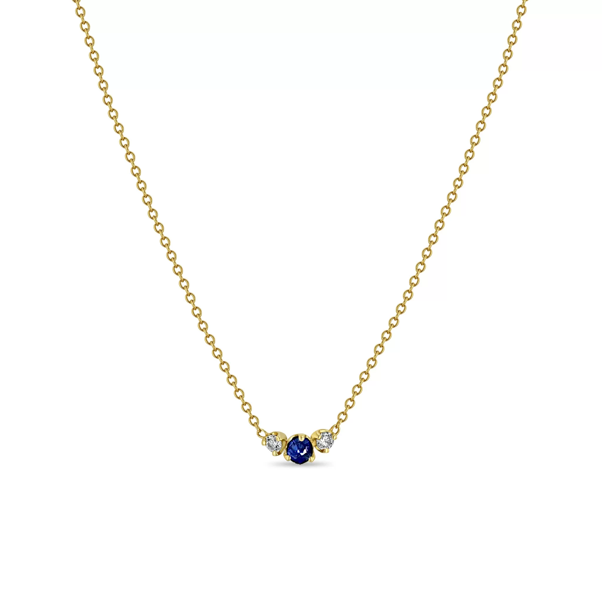 14k Mixed Prong Blue Sapphire & Diamond Trio Necklace