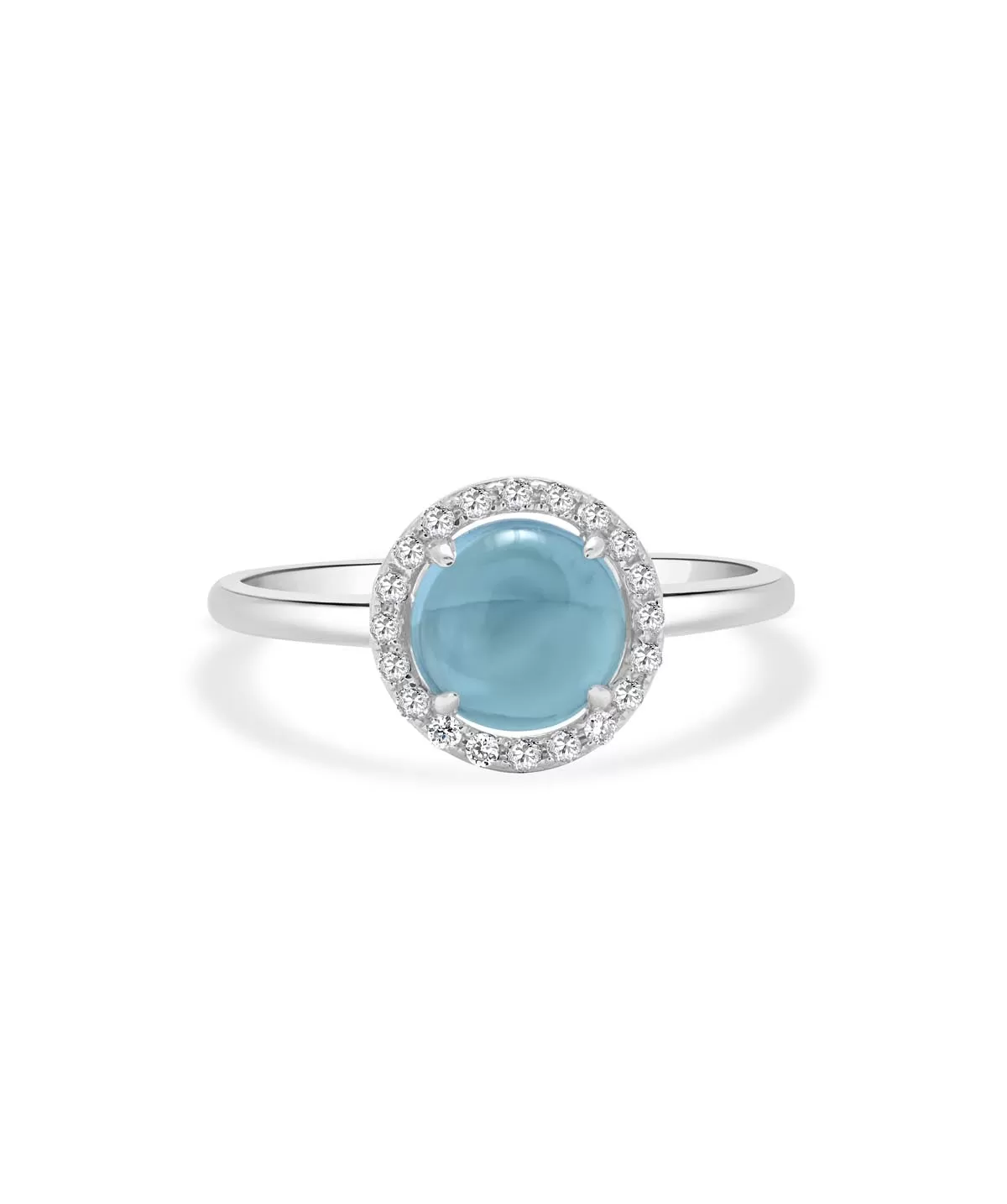 14K White Gold Blue Topaz Cabochon and Diamond Halo Ring