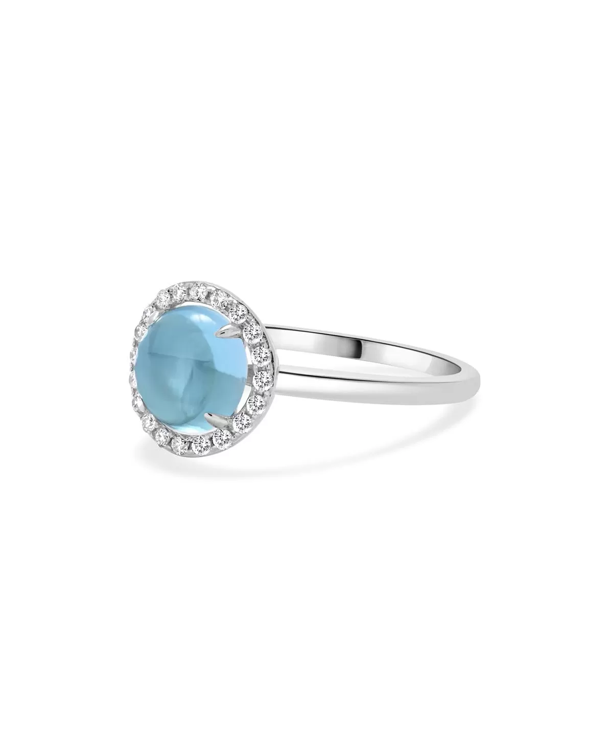 14K White Gold Blue Topaz Cabochon and Diamond Halo Ring