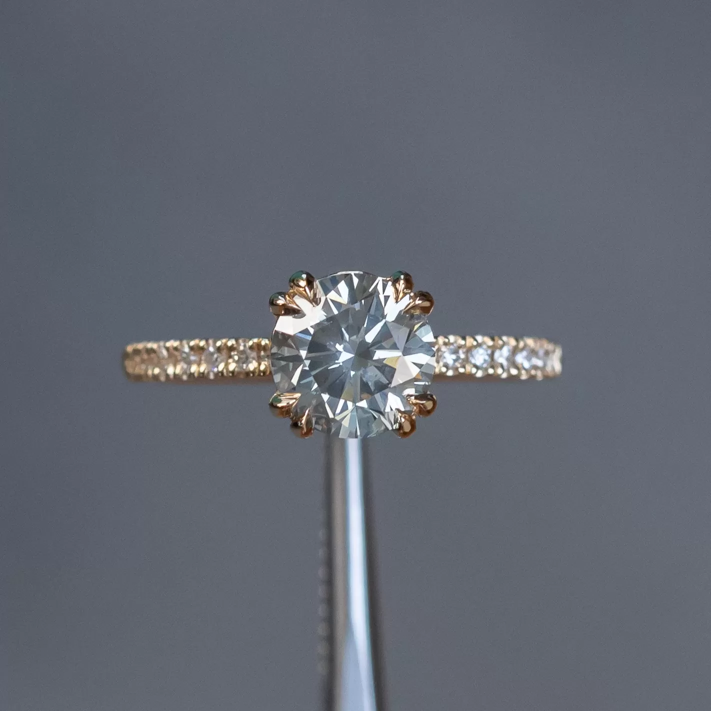 1.53ct Round Grey Diamond and French Set Double Prong Solitaire in 14k Yellow Gold