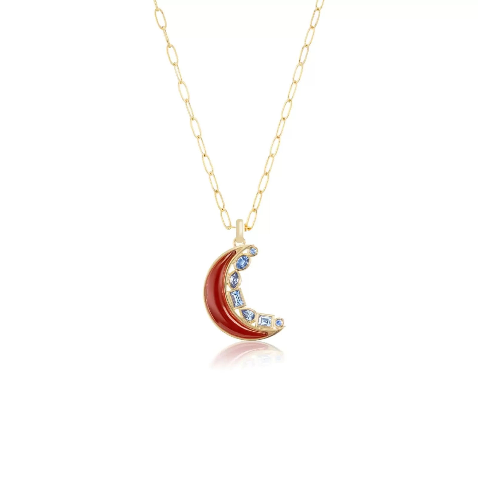 18K Yellow Gold Carnelian and Blue Topaz Moon Pendant