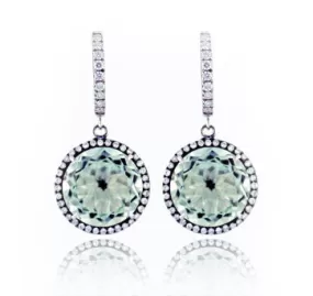 18Kw Gold Green Amethyst Drop Earrings With Diamonds