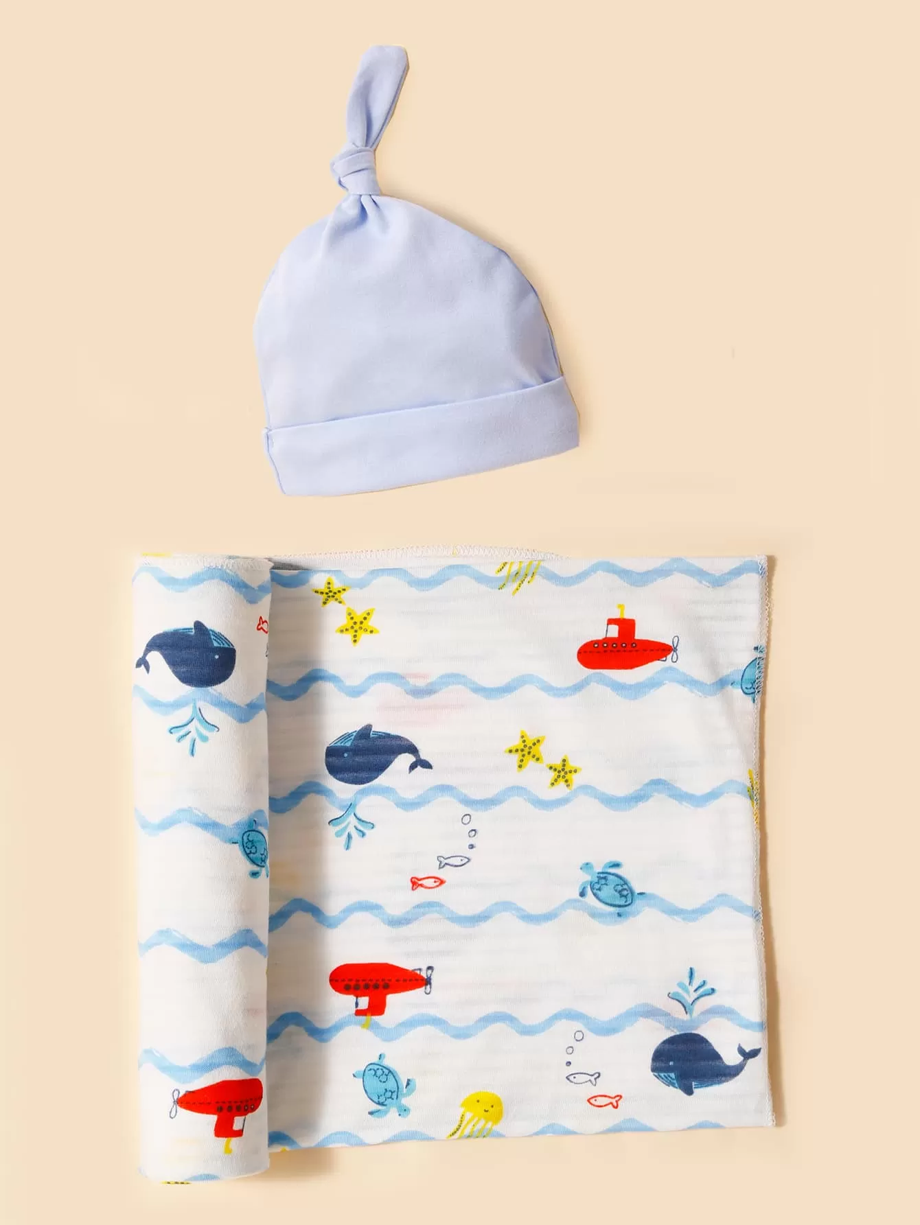 1pc Baby Cartoon Graphic Swaddling Blanket & 1pc Hat