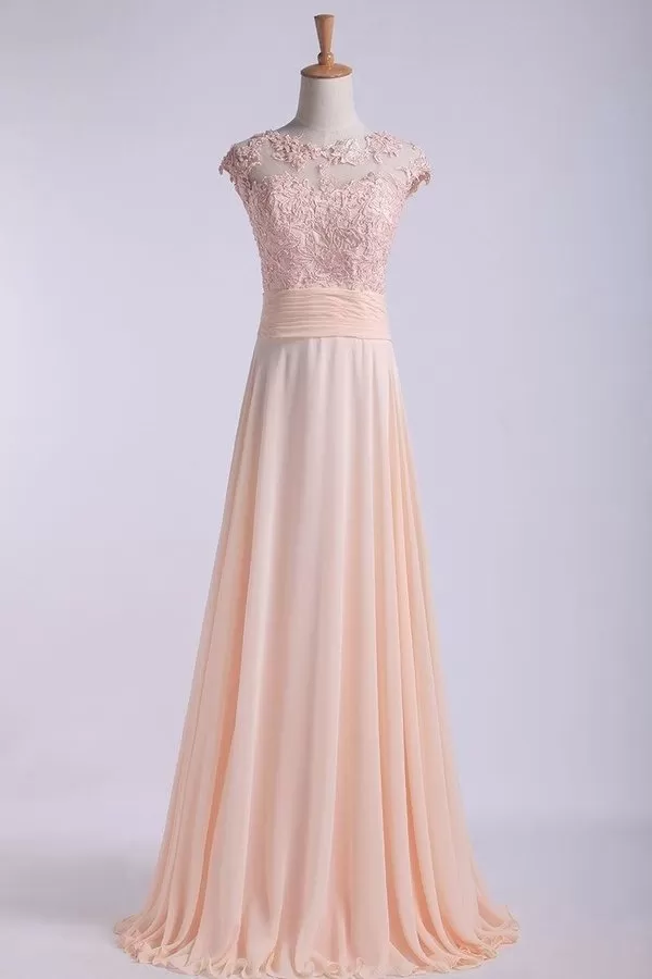 2024 Scoop Prom Dresses A Line Chiffon With Applique And Ruffles P57HFSL5