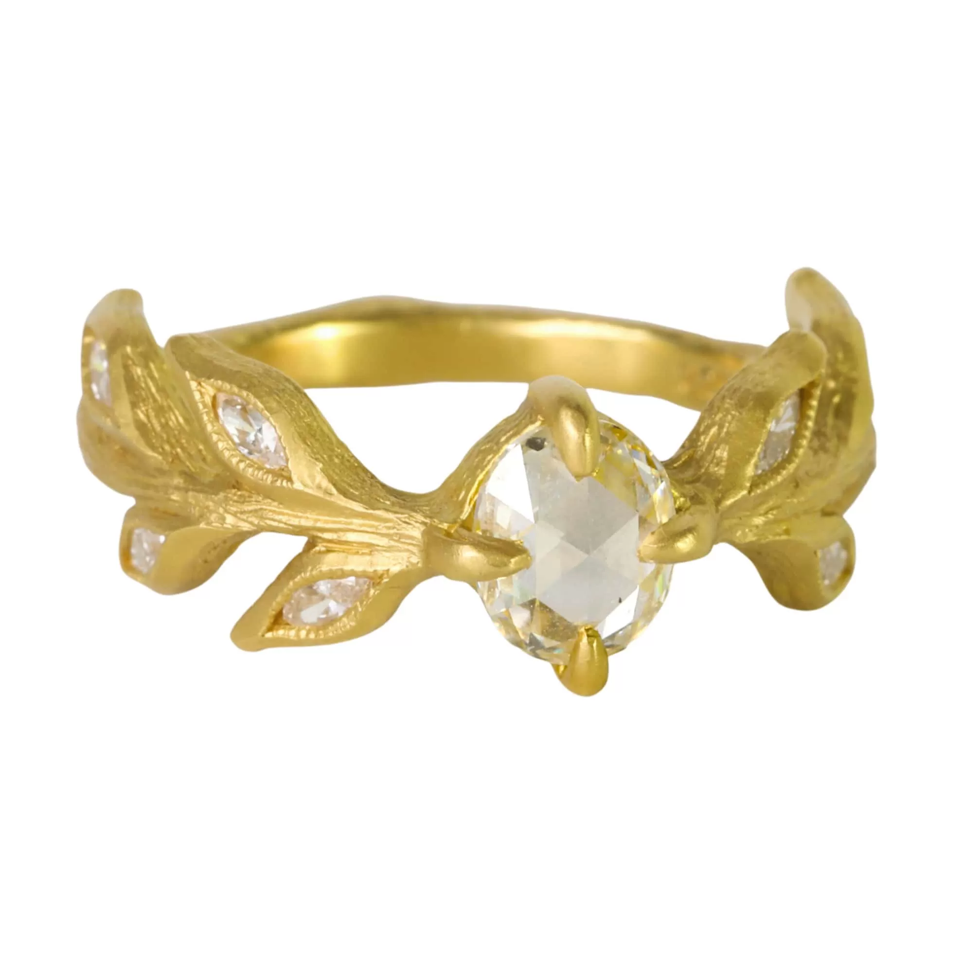 22K Gold Rose Cut Diamond Diana Ring with Marquise Diamond Leaves