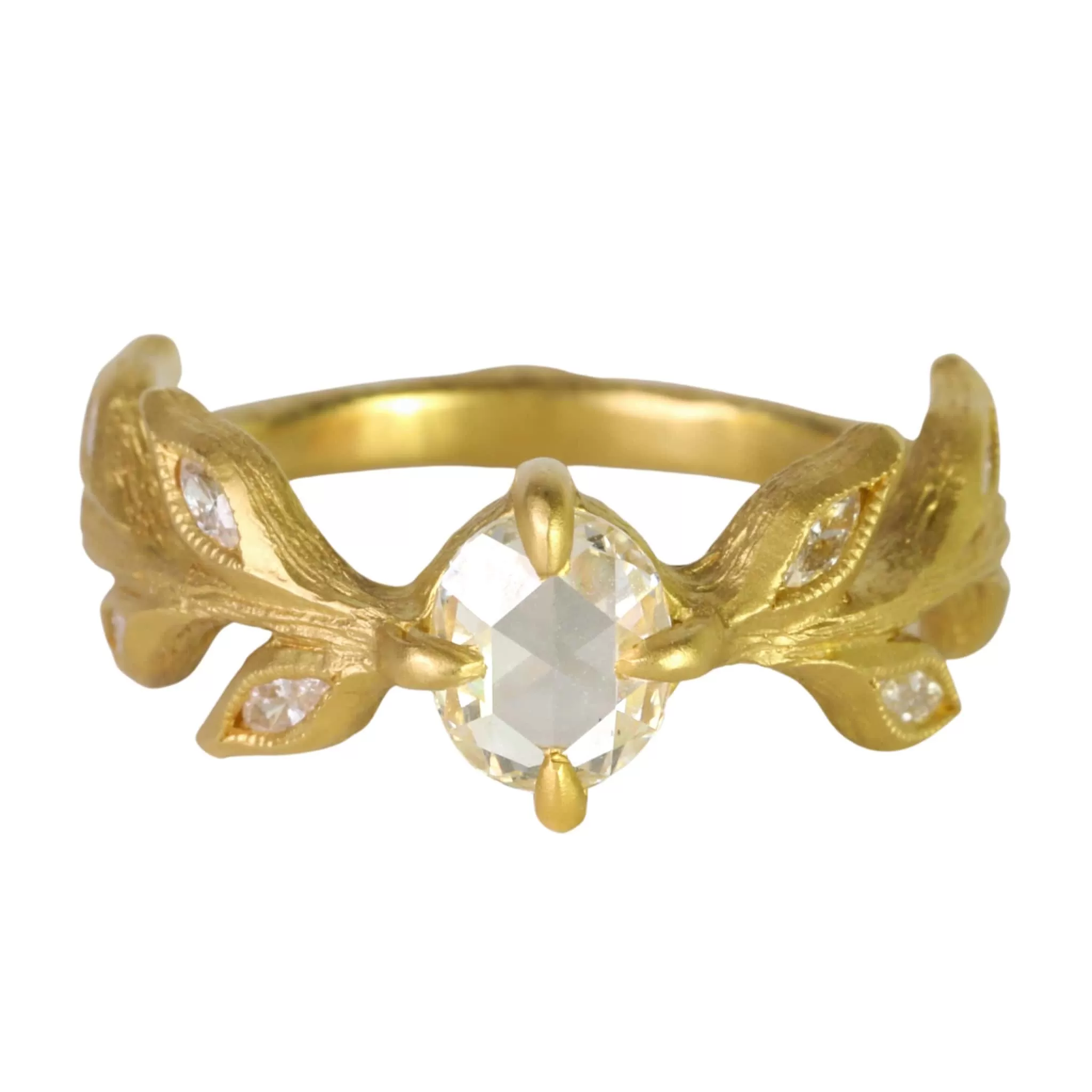 22K Gold Rose Cut Diamond Diana Ring with Marquise Diamond Leaves