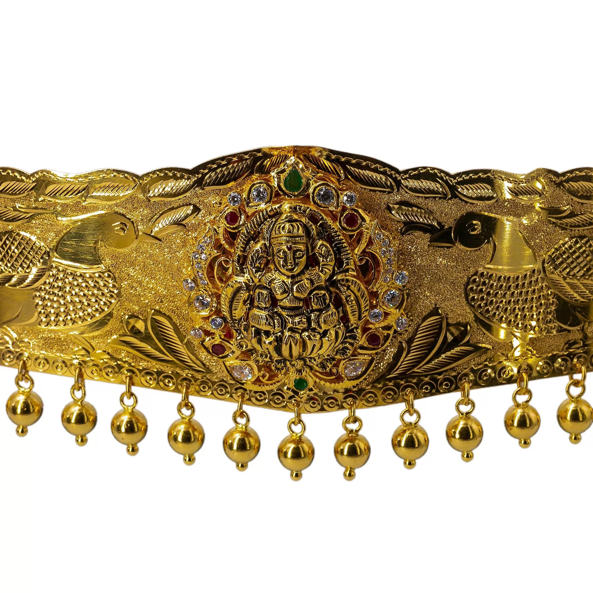 22K Yellow Gold Laxmi Vaddanam Waist Belt W/ Emeralds, Rubies, CZ Gems & Hanging Gold Balls, 117.9gm