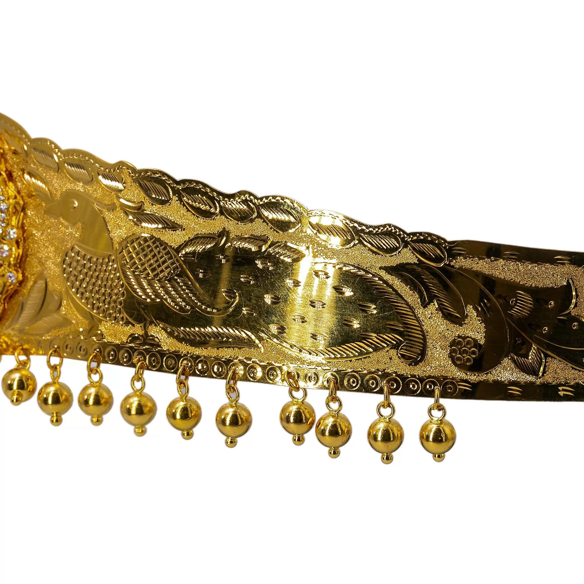 22K Yellow Gold Laxmi Vaddanam Waist Belt W/ Emeralds, Rubies, CZ Gems & Hanging Gold Balls, 117.9gm