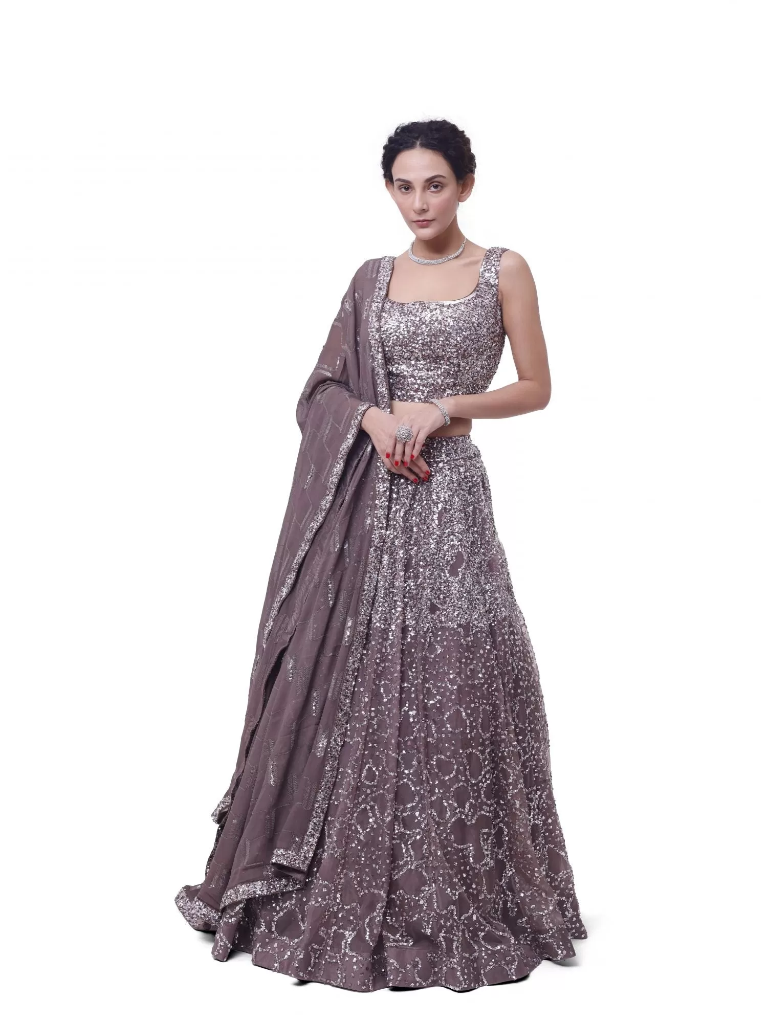 30Z334-RO Grey Sequin and Mirror Work Lehenga with Dupatta