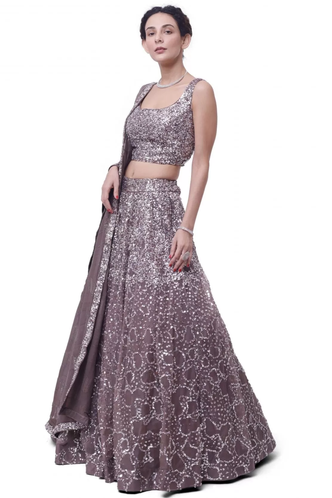 30Z334-RO Grey Sequin and Mirror Work Lehenga with Dupatta