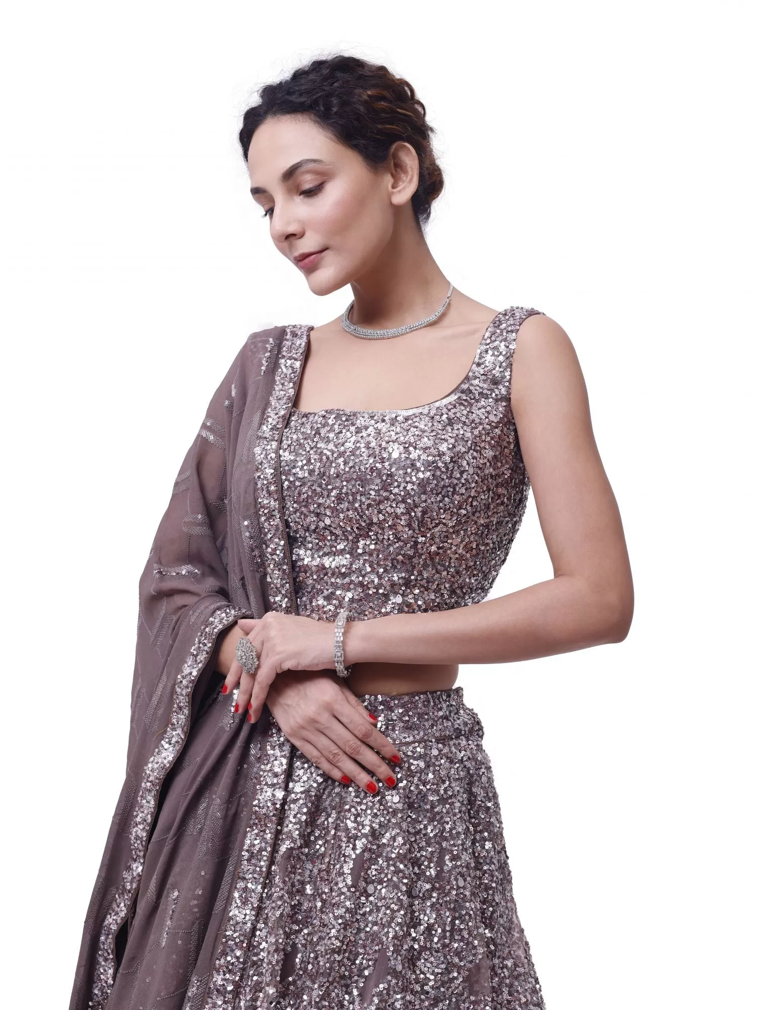 30Z334-RO Grey Sequin and Mirror Work Lehenga with Dupatta