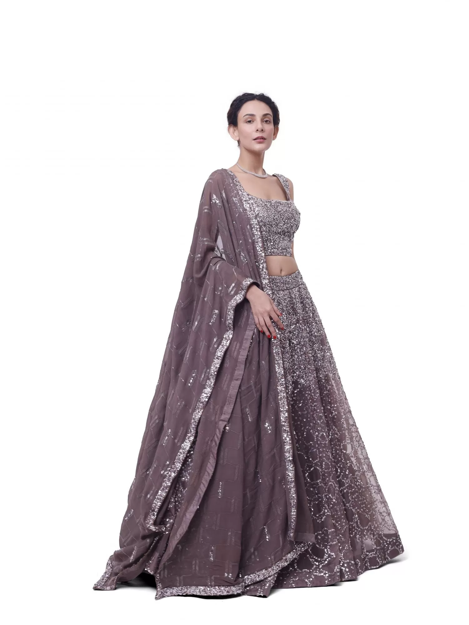 30Z334-RO Grey Sequin and Mirror Work Lehenga with Dupatta