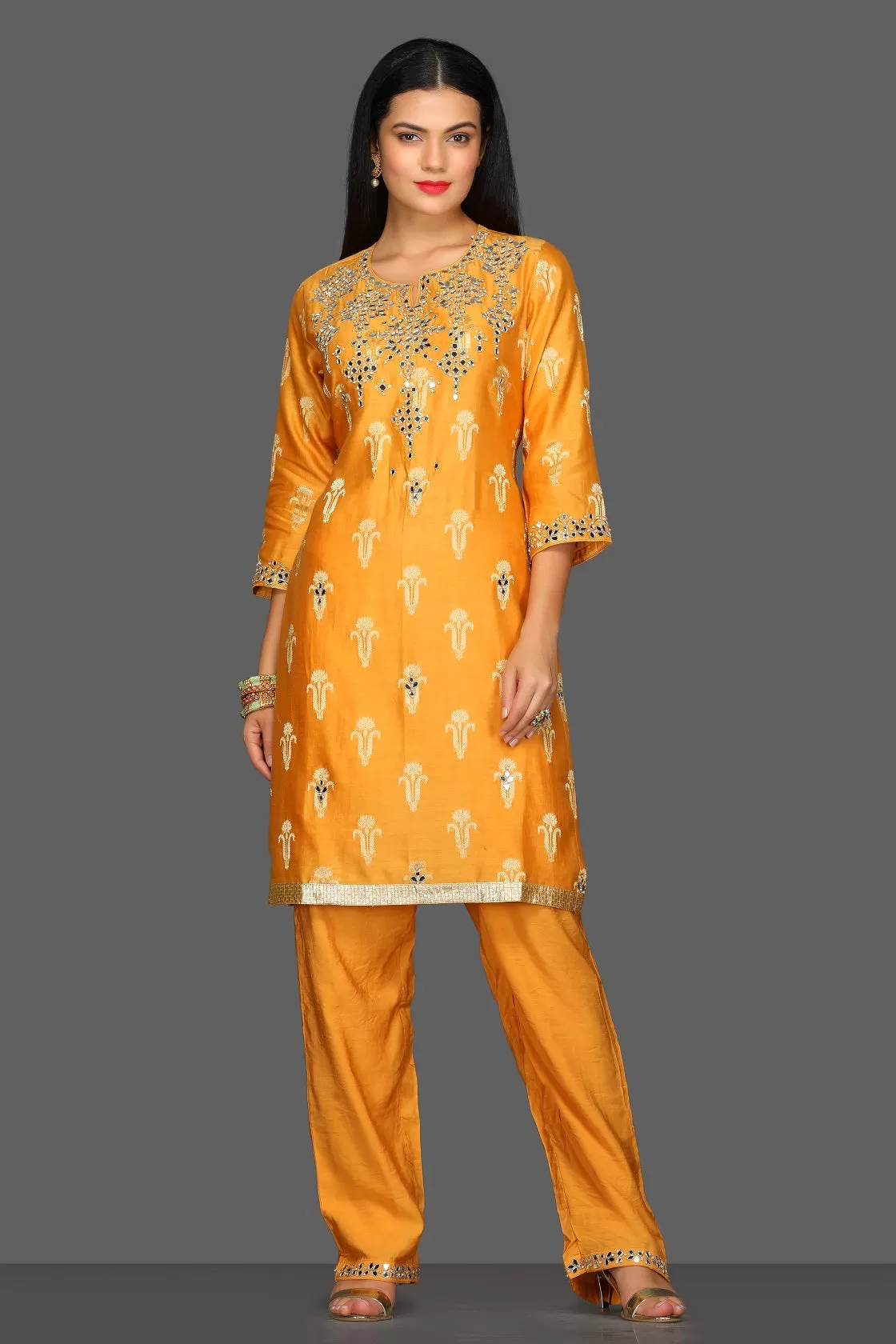 50Z090-RO Mustard Embroidered Suit with Pants and Dupatta