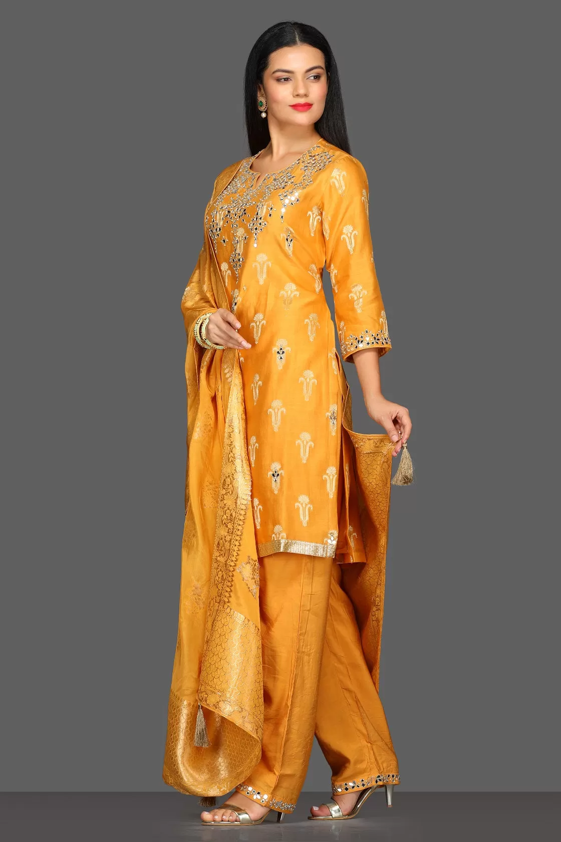 50Z090-RO Mustard Embroidered Suit with Pants and Dupatta