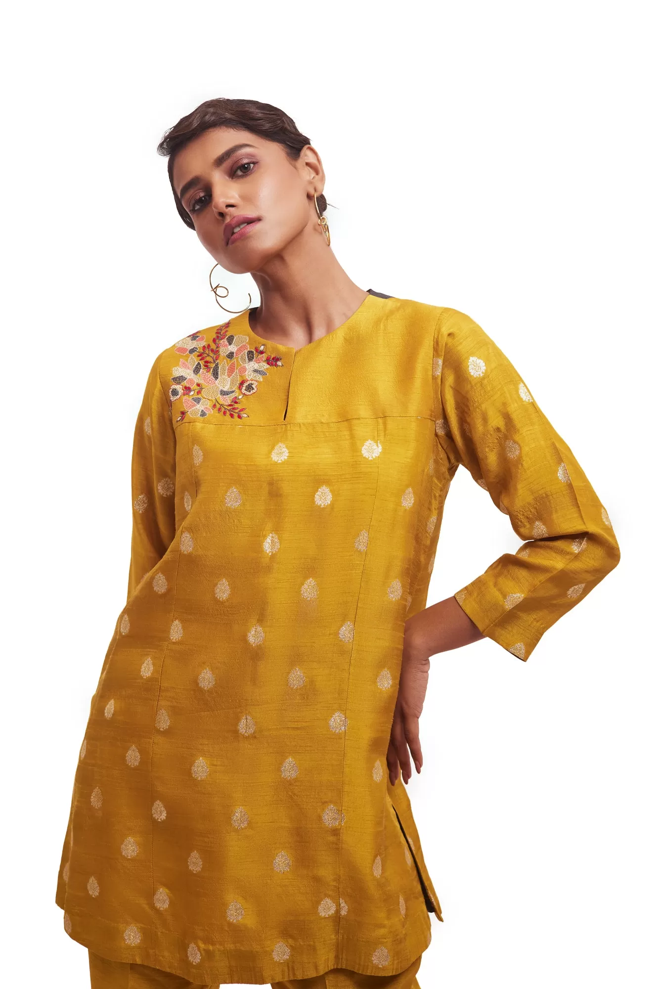 50Z926-RO Mustard Thread Work Silk Pant Set