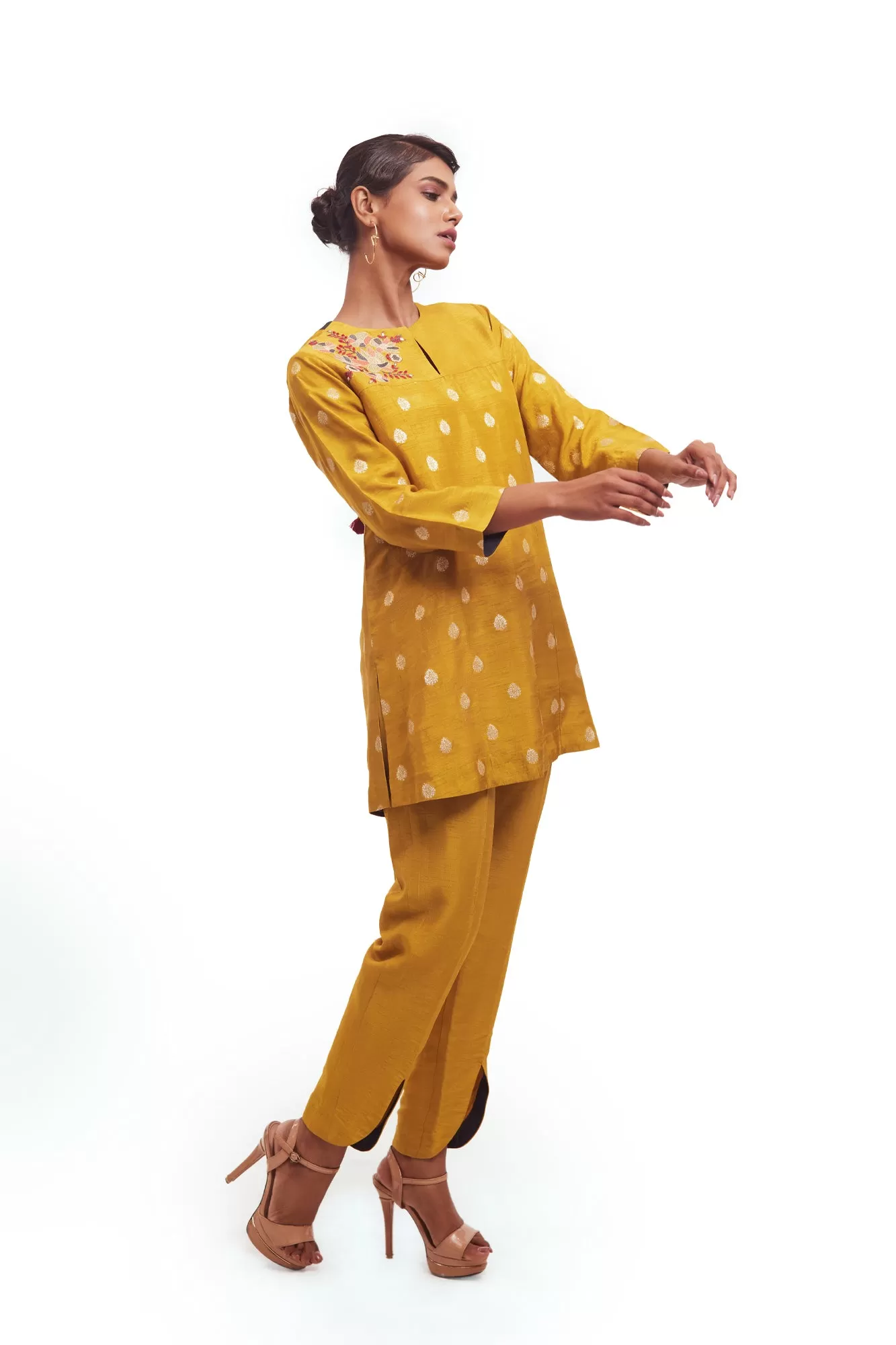 50Z926-RO Mustard Thread Work Silk Pant Set