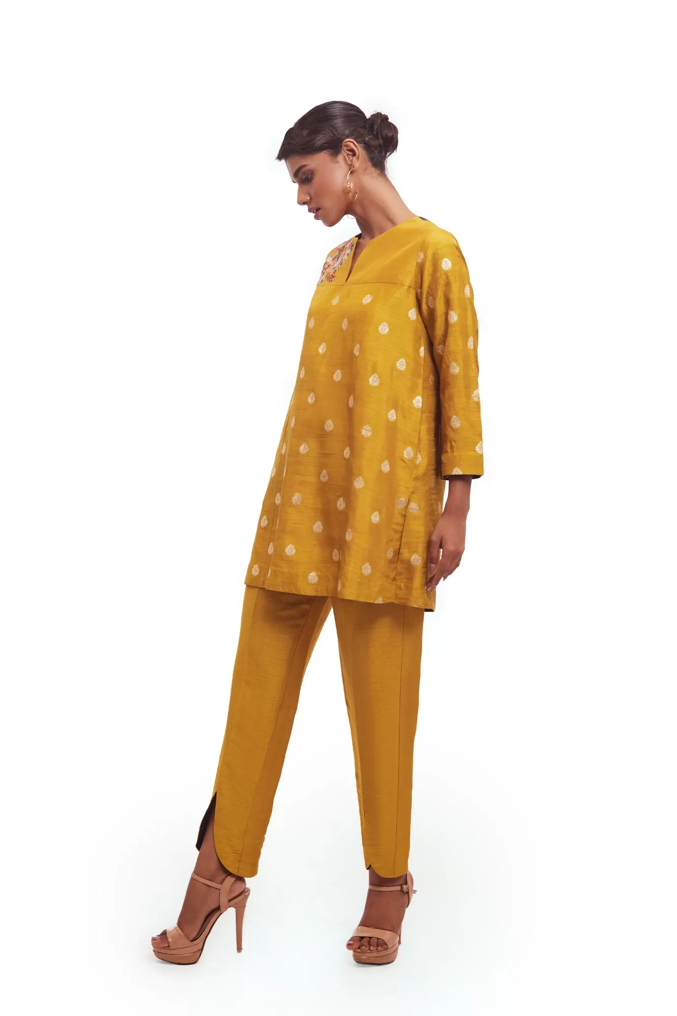 50Z926-RO Mustard Thread Work Silk Pant Set