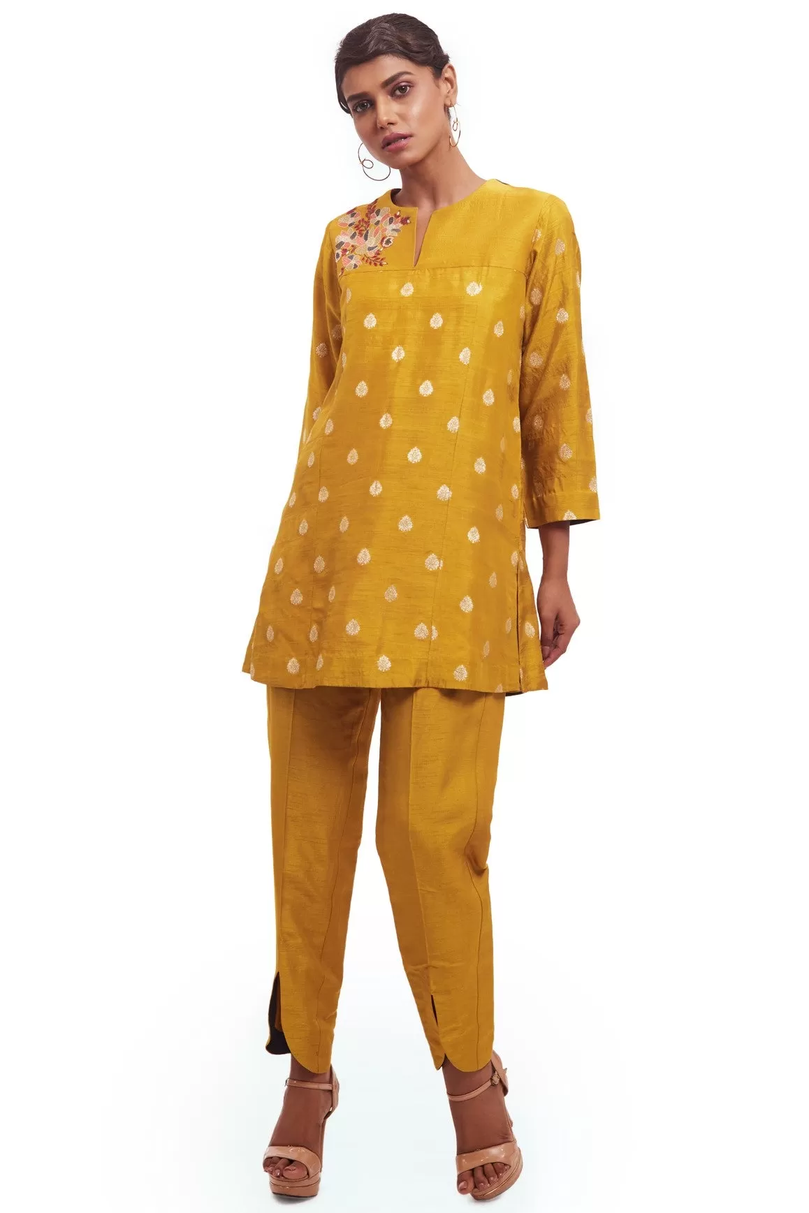 50Z926-RO Mustard Thread Work Silk Pant Set