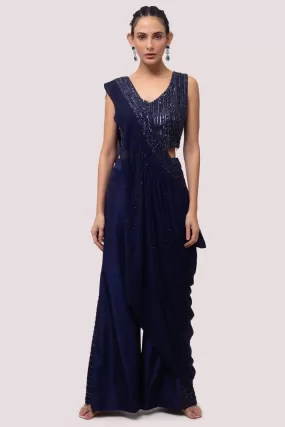 50Z964-RO Navy Blue Embroidered Silk Chikan Palazzo Set