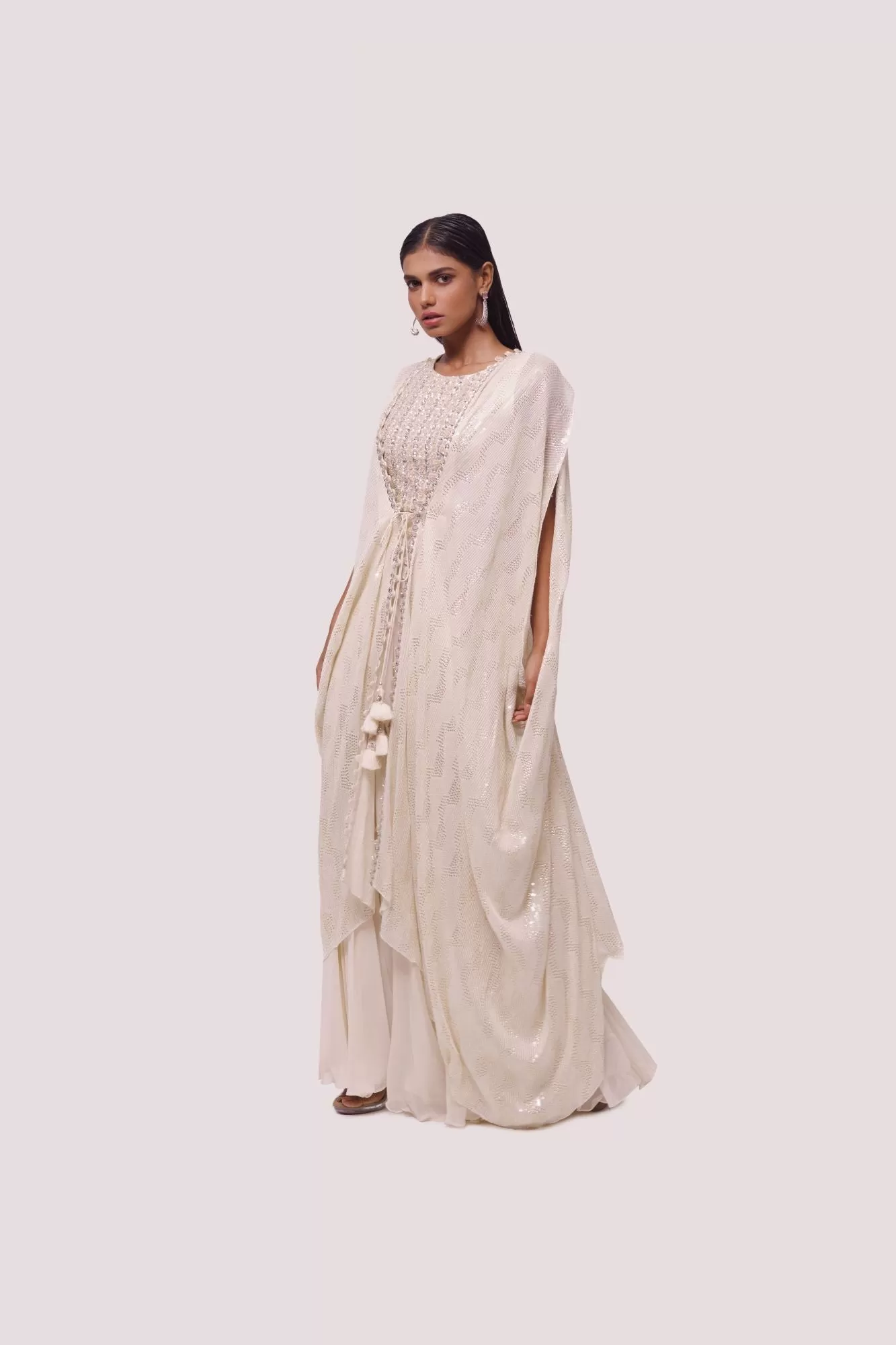 50Z980-RO Cream Chikan and Georgette Embellished Indowestern Set