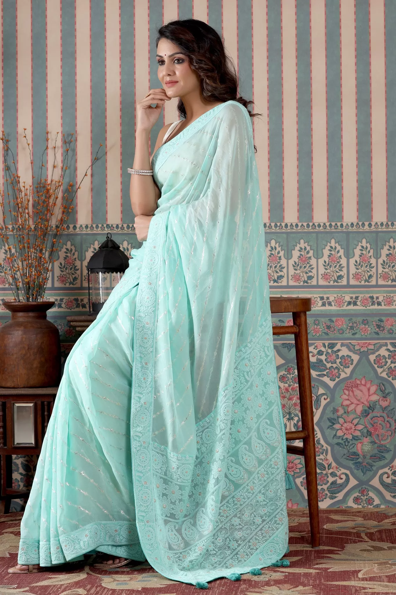 90Z472-NRO Mint Green Embroidered Georgette Saree