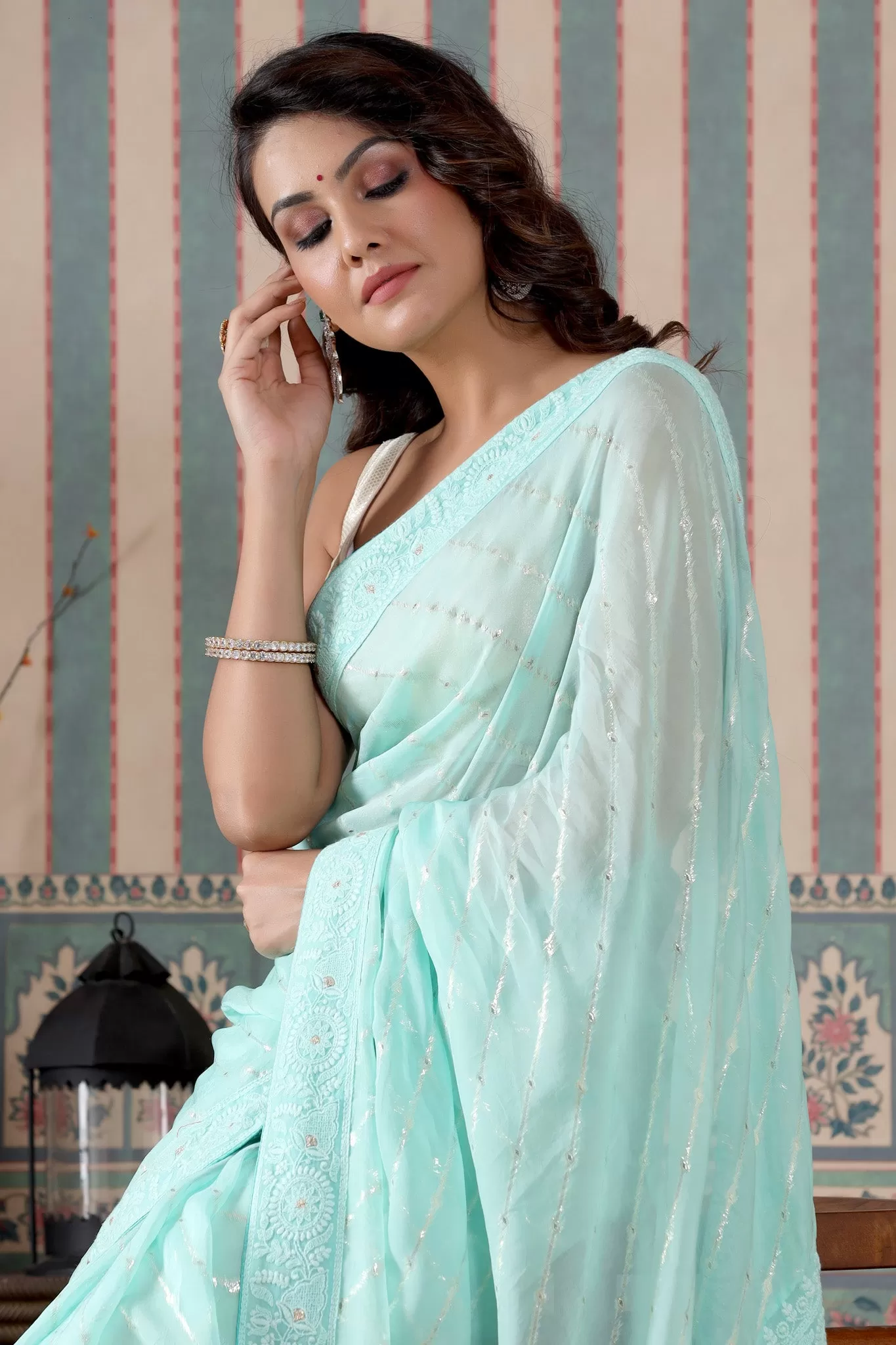 90Z472-NRO Mint Green Embroidered Georgette Saree