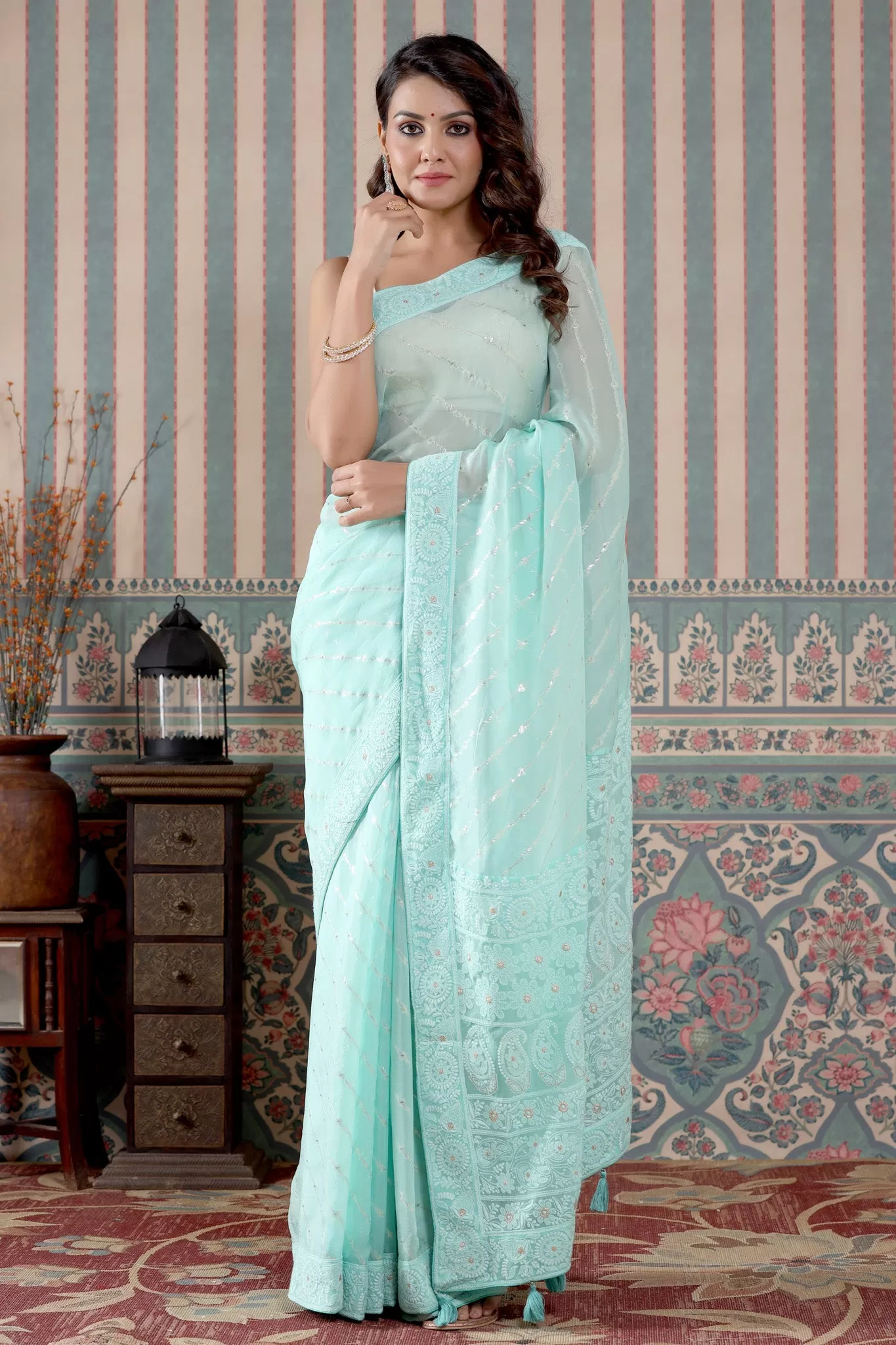 90Z472-NRO Mint Green Embroidered Georgette Saree