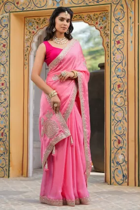 90Z740-NRO Light Pink Embroidered Tussar Georgette Saree