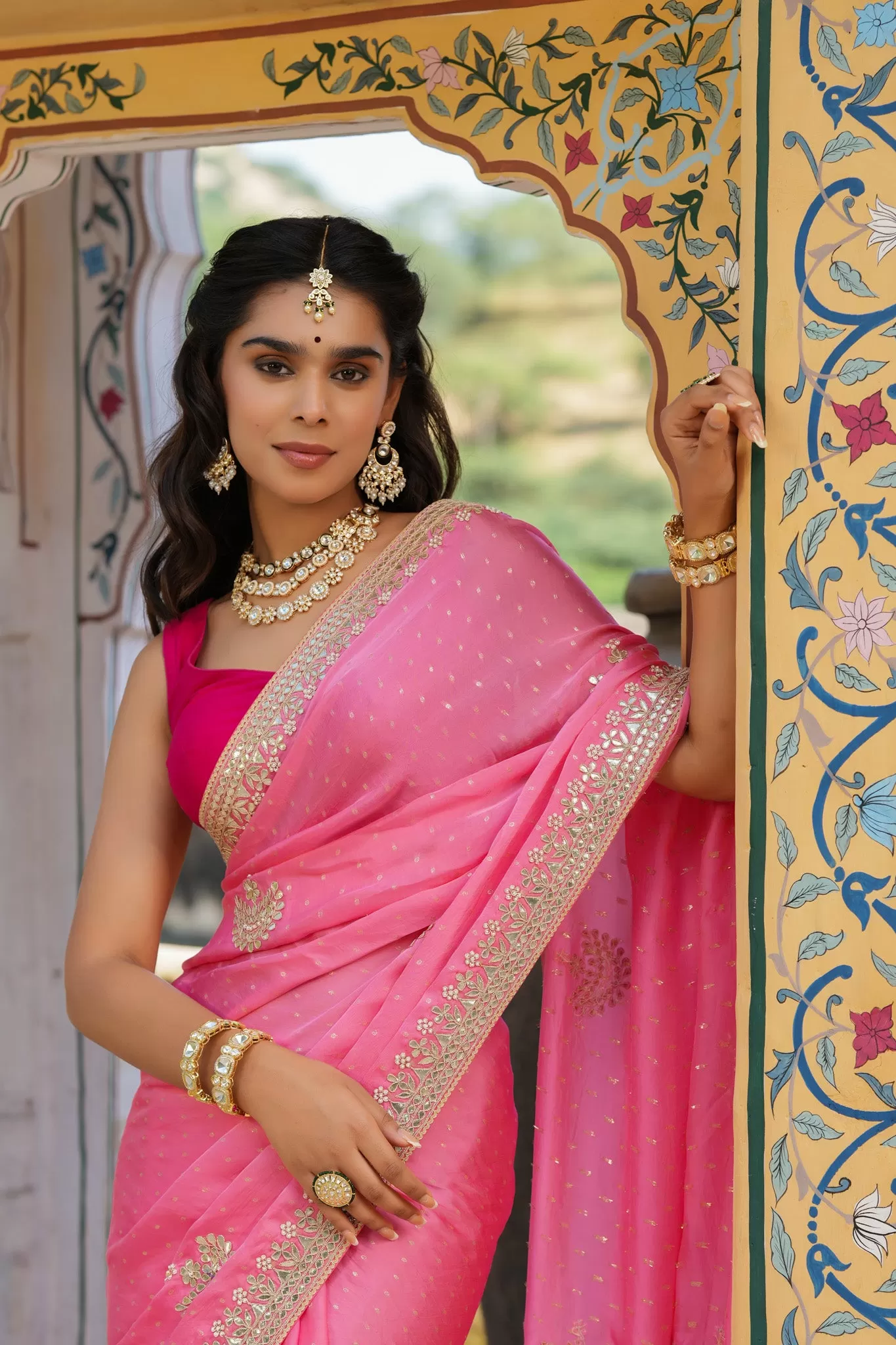 90Z740-NRO Light Pink Embroidered Tussar Georgette Saree