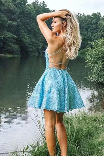 A Line Blue Lace Appliques Homecoming Dresses Backless Above Knee Short Prom Dresses