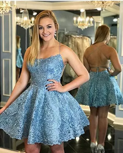 A Line Blue Lace Appliques Homecoming Dresses Backless Above Knee Short Prom Dresses