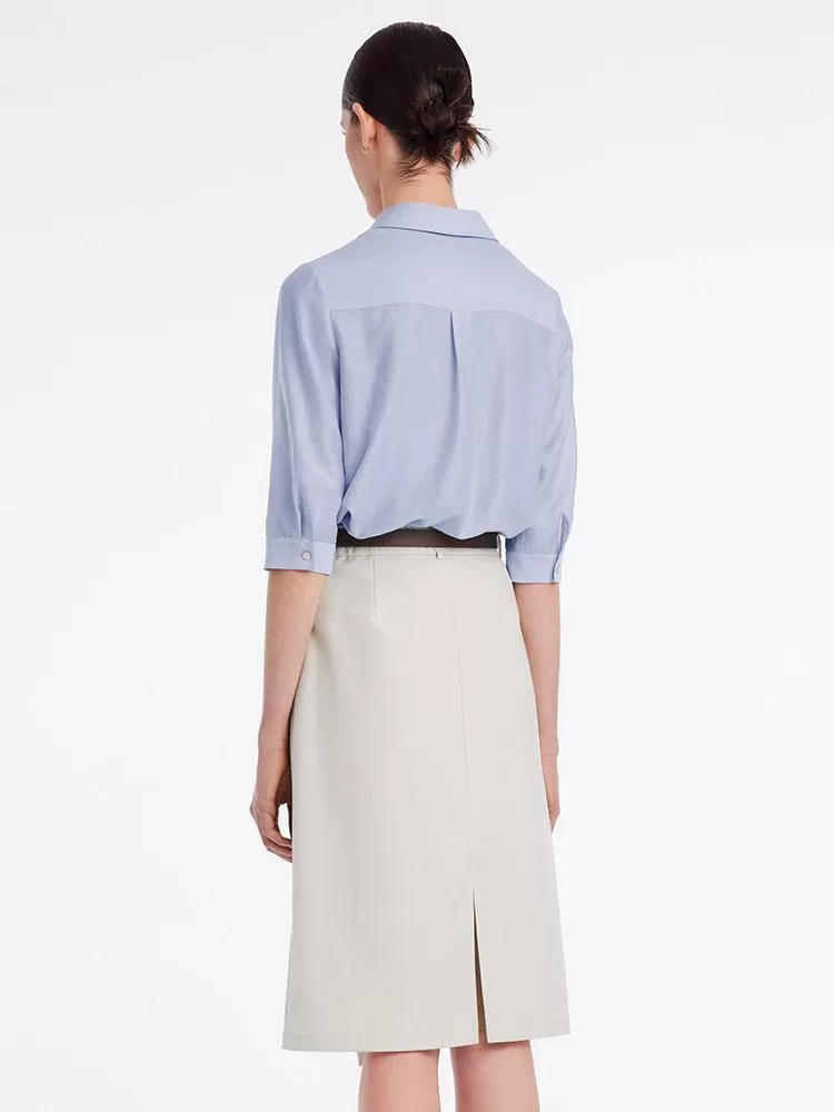 Acetate Shirt And Half Women Skirt Two-Piece Set With Leather Belt