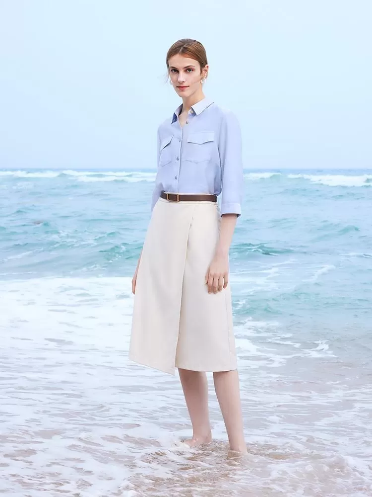 Acetate Shirt And Half Women Skirt Two-Piece Set With Leather Belt