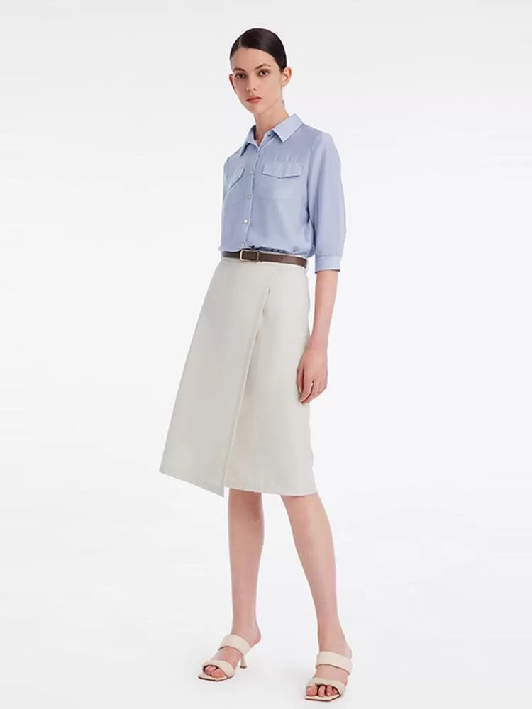 Acetate Shirt And Half Women Skirt Two-Piece Set With Leather Belt