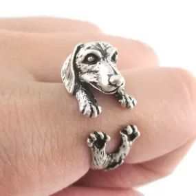 Antique Silver Realistic Dachshund Dog Wrap Ring