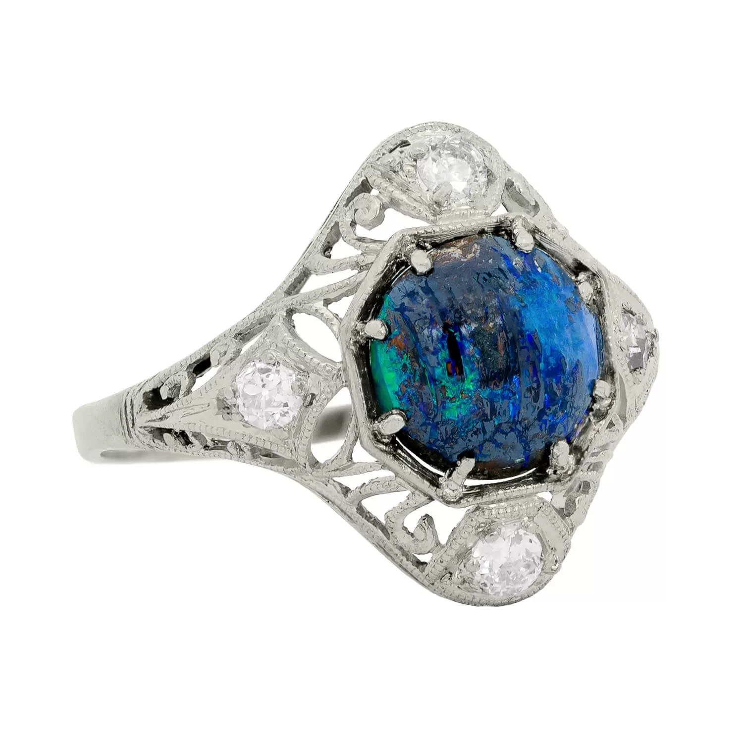 Art Nouveau Platinum Opal and Diamond Filigree Ring