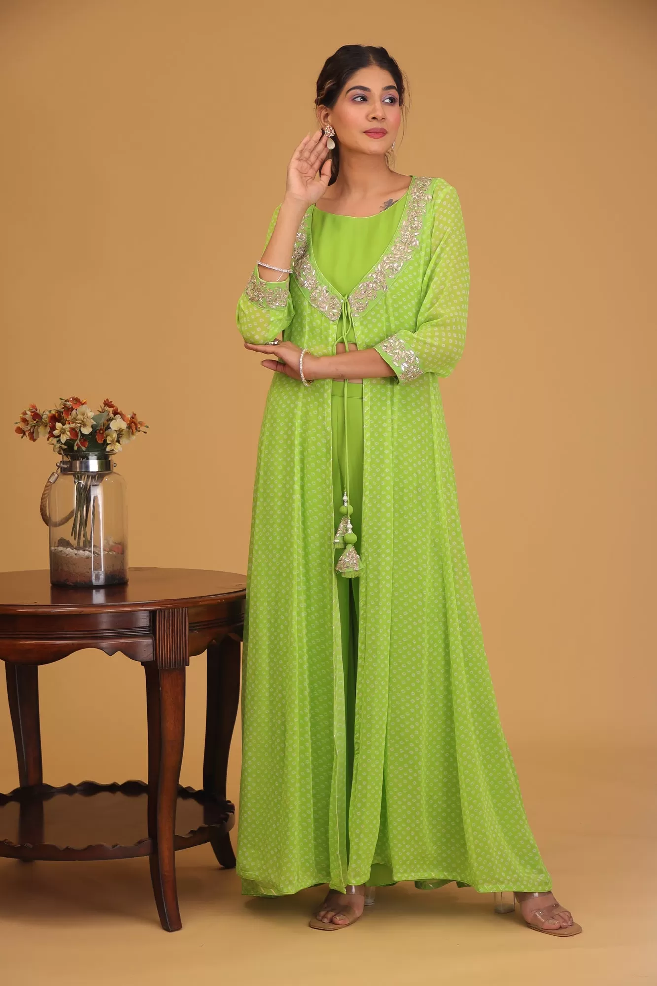 Bandhej Georgette Indowestern with Gota Patti work.