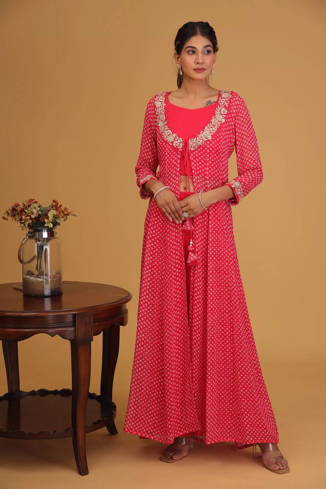 Bandhej Georgette Indowestern with Gota Patti work.