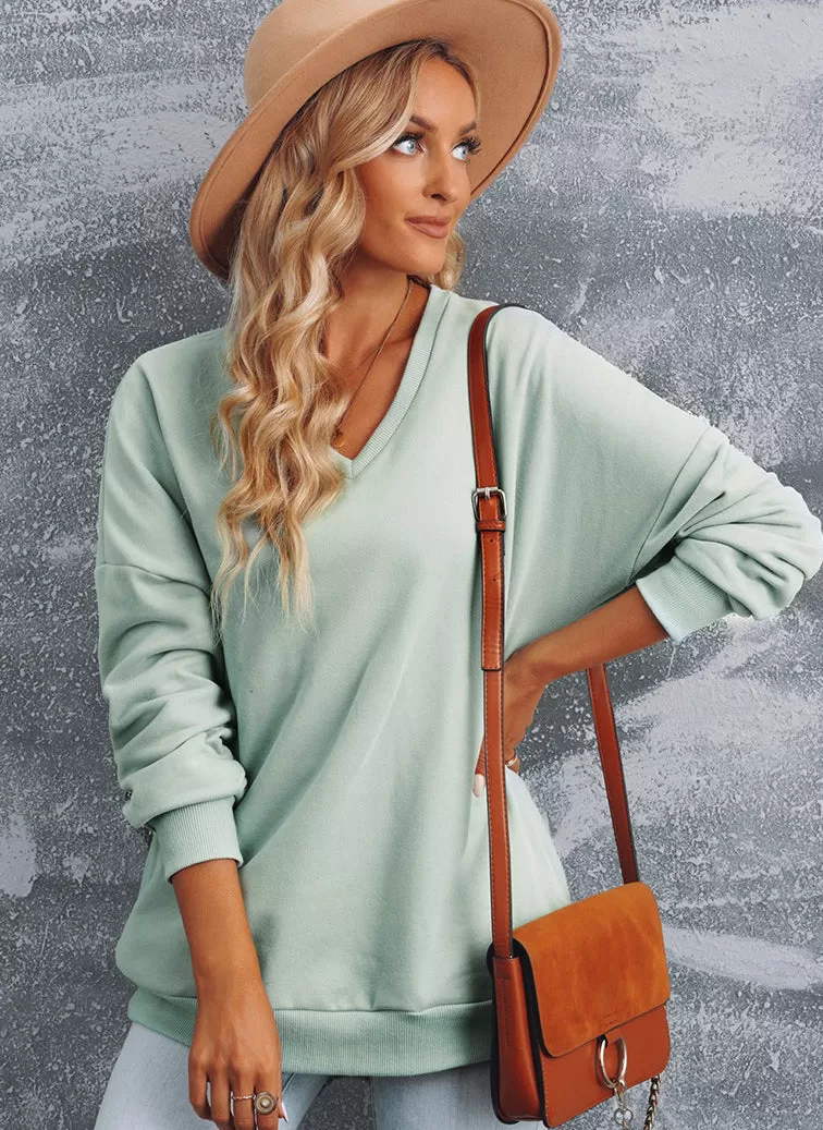 BerriesJam - 2024 Solid Color V-neck Pocket Long Sleeve Pullover