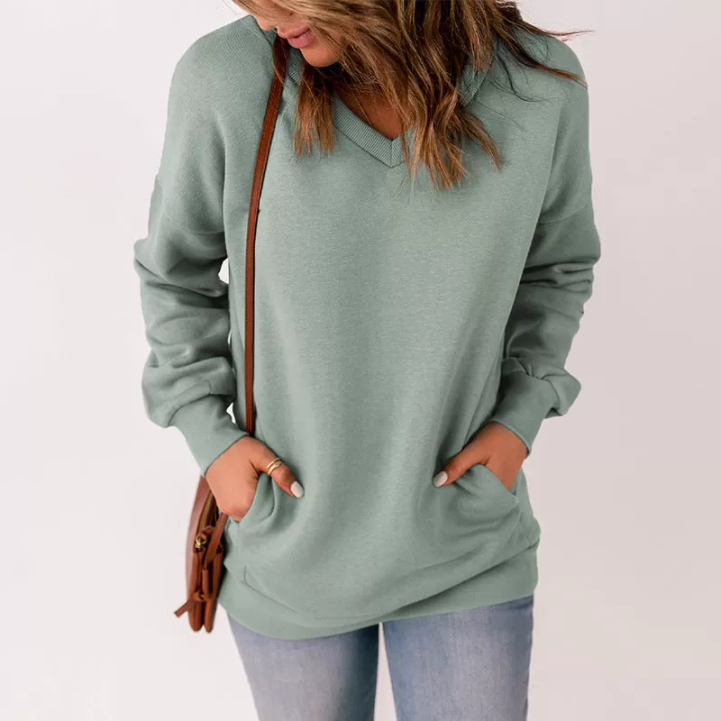 BerriesJam - 2024 Solid Color V-neck Pocket Long Sleeve Pullover