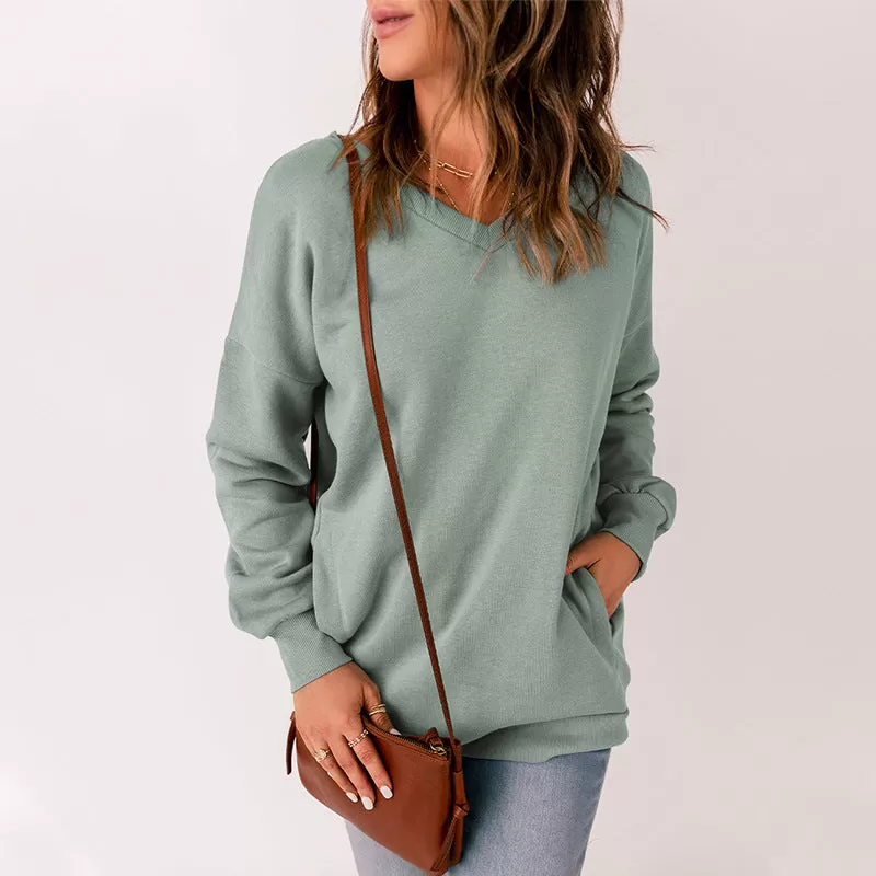 BerriesJam - 2024 Solid Color V-neck Pocket Long Sleeve Pullover