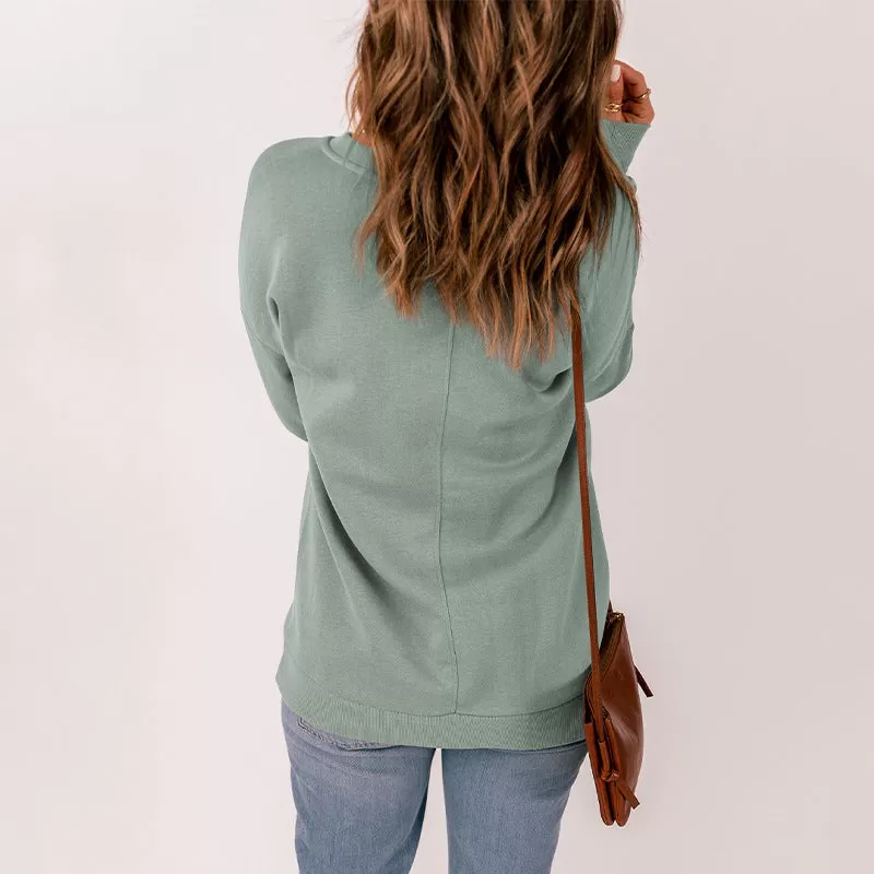 BerriesJam - 2024 Solid Color V-neck Pocket Long Sleeve Pullover