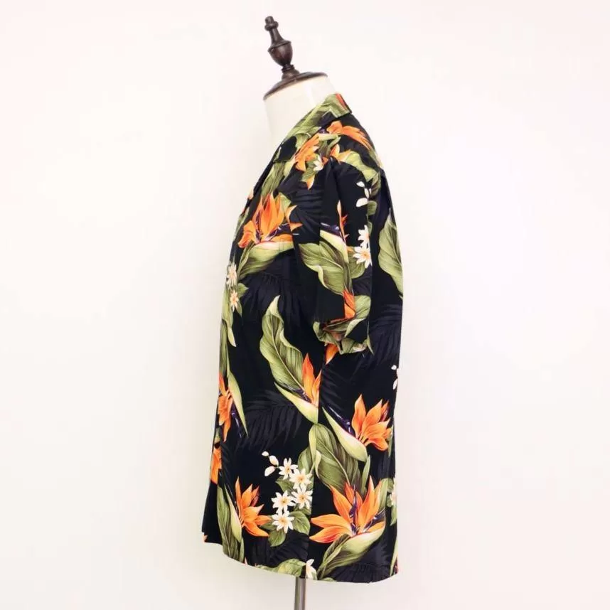 Bird of Paradise Black Cotton Aloha Shirt