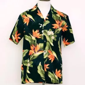 Bird of Paradise Black Cotton Aloha Shirt