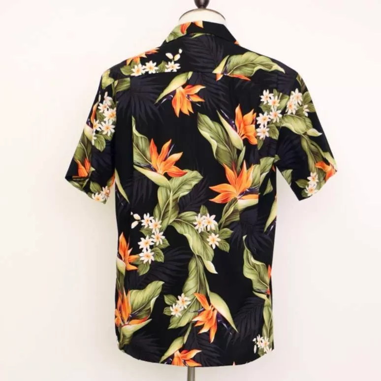 Bird of Paradise Black Cotton Aloha Shirt