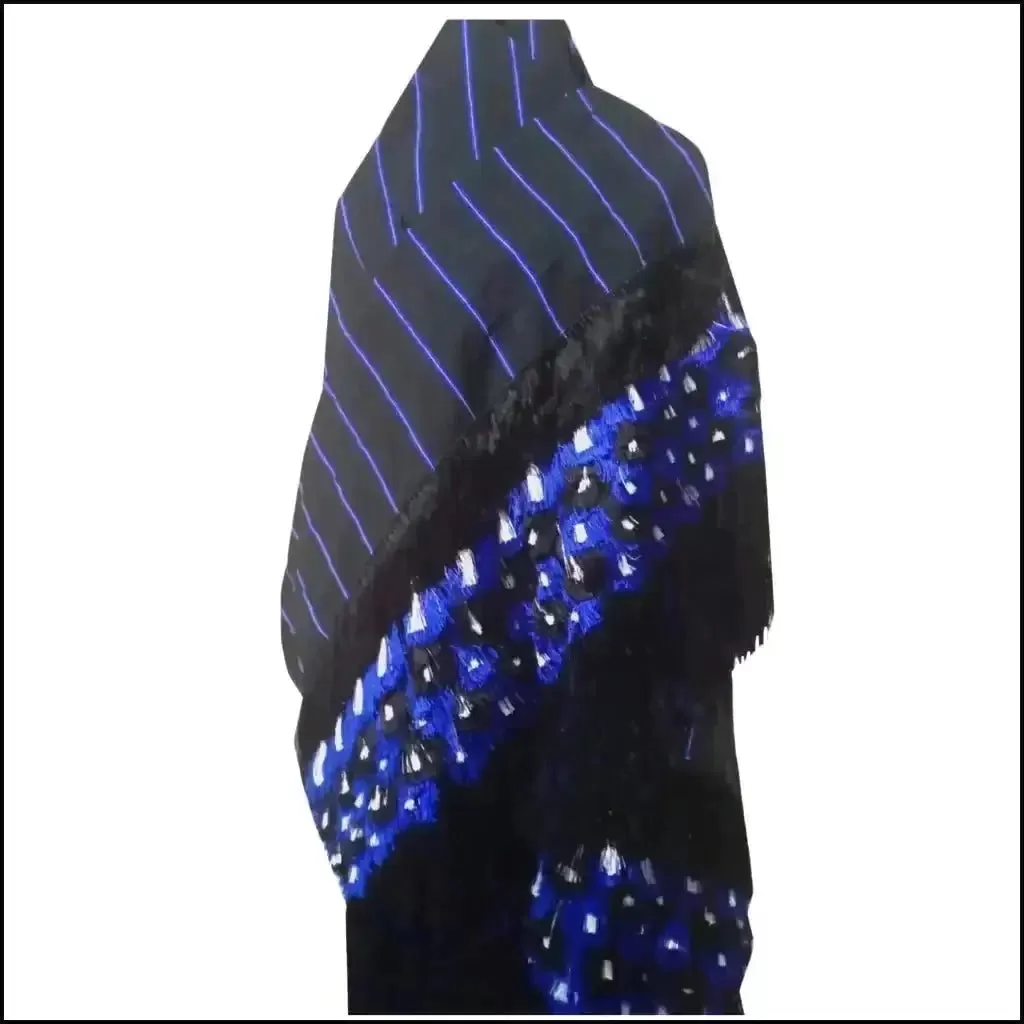 Black blue white purepecha silk fringe rebozo from Michoacán