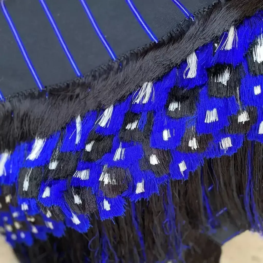 Black blue white purepecha silk fringe rebozo from Michoacán